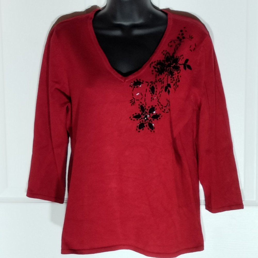 Elementz Red v-neck sweater with black floral bead embellishments